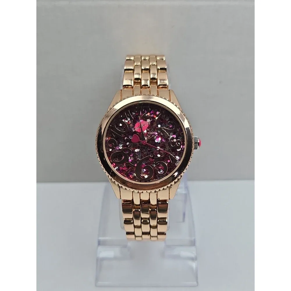 Womens Luv Betsey Johnson Pink Glitter Confetti Rose Gold 36mm Watch New Battery